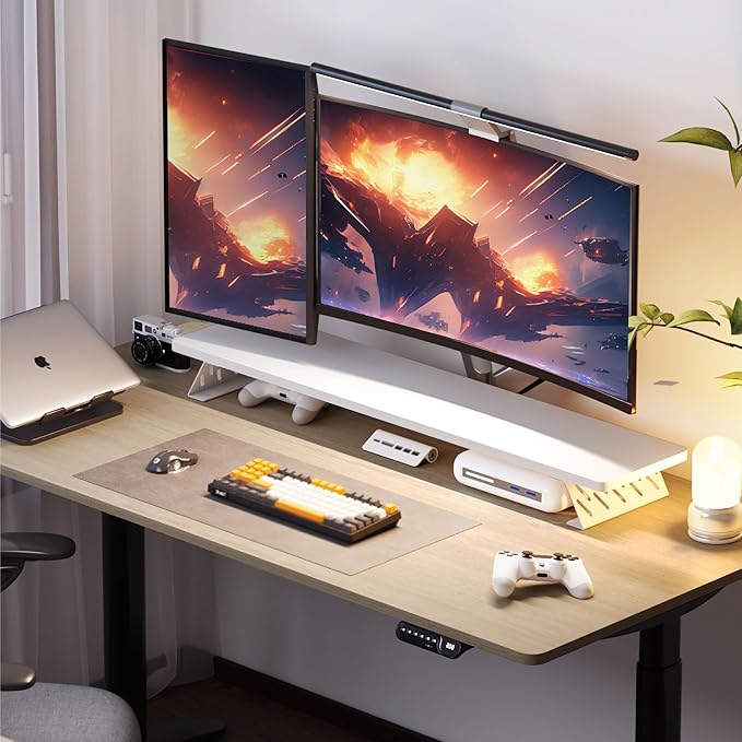 Fenge Dual Monitor Stand Riser, 42.5 Inch Desk Top Shelf for 2 Monitors, Computer Stands for Desk, Wood & Steel Desktop Riser for Laptop, PC, Printer-DeskLoop Office