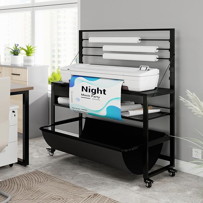 Natwind Wide Format Printer Stand, Plotter Workbench Table with Pull-Out Drafting Storage, Roll Paper Holder, Accessory Drawer, Adjustable Storage Shelf for Plotters and Cutting Machines (Black)-DeskLoop Office