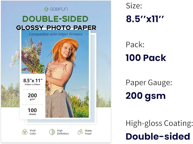 Double Sided Glossy Photo Paper 8.5x11 100 Sheets, Goefun 200GSM/54LB Inkjet Printer Paper 8.5 x 11 Glossy for Crafting, Chip Bags, Calendars, Menus, Cards and Invitations-DeskLoop Office