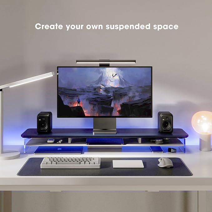 Fenge Acrylic Monitor Stand Riser, 42.5 Inches Dual Monitor Stand with Metal Storage, 2 Tier Acrylic Computer Riser for Desk, Clear Laptop Stand for PC, Laptop, Printer, TV, Blue-DeskLoop Office