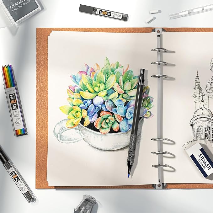 35PCS Black Art Mechanical Pencil Set in Case,0.5 0.7 0.9 2.0 Graphite Metal Drawing Drafting Pencils, Sharpener Erasers 384PCS Lead Refills (6B 4B 2B HB 2H 4H Colors) for Writing Sketching-DeskLoop Office