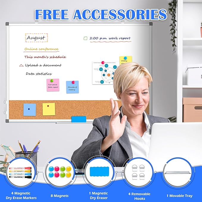 Whiteboard Cork Board Combo for Wall, WALGLASS 36" x 24" Double-Sided Large Dry Erase Whiteboard Corkboard Combination, Hanging Wall Mount Bulletin Board with Aluminum Frame for Office, Home, School-DeskLoop Office