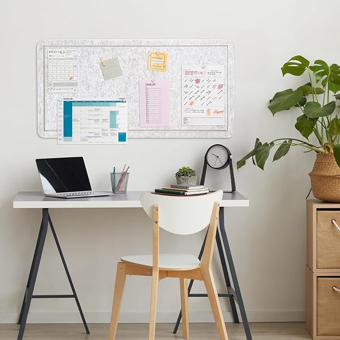 Bulletin Board, 35 x 17 1/2 inches Felt Board - Decorative Pin Board, Cork Board Alternative for Wall, Foldable Picture Board Self-Adhesive Vision Board Prayer Board with 20 Pushpins - Marble White-DeskLoop Office