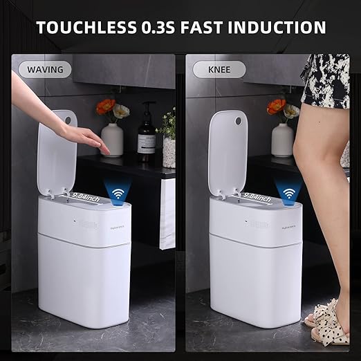 MOPALL Small Bathroom Trash Cans with Lids,Motion Sensor Bathroom Trash Can,Narrow Waterproof Plastic 3.5 Gallon Automatic Adsorption Touchless Garbage Can,White-DeskLoop Office