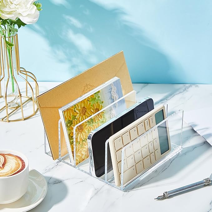 Geyoga 2 Pcs Acrylic File Holder Clear Mail Folder Organizer 5 Sections Multifunction Desktop Storage Letter Sorter Envelope Vertical Dividers for Office, Home, Desk Organization-DeskLoop Office