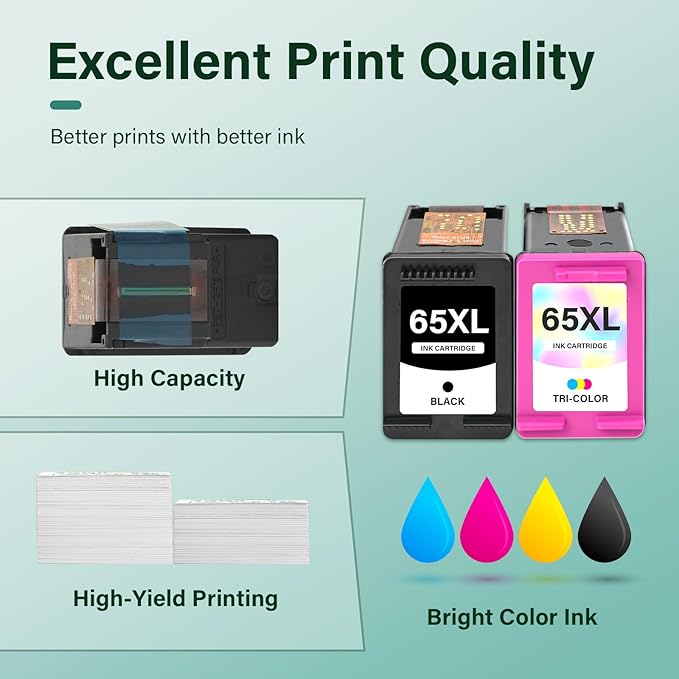 65XL 65 Ink Cartridges Black/Color Combo Pack Remanufactured Replacement for HP65 XL Black and Color for HP Envy 5055 5052 5000 DeskJet 3755 3772 3700 2600 3752 Printer (Black Tri-Color)-DeskLoop Office