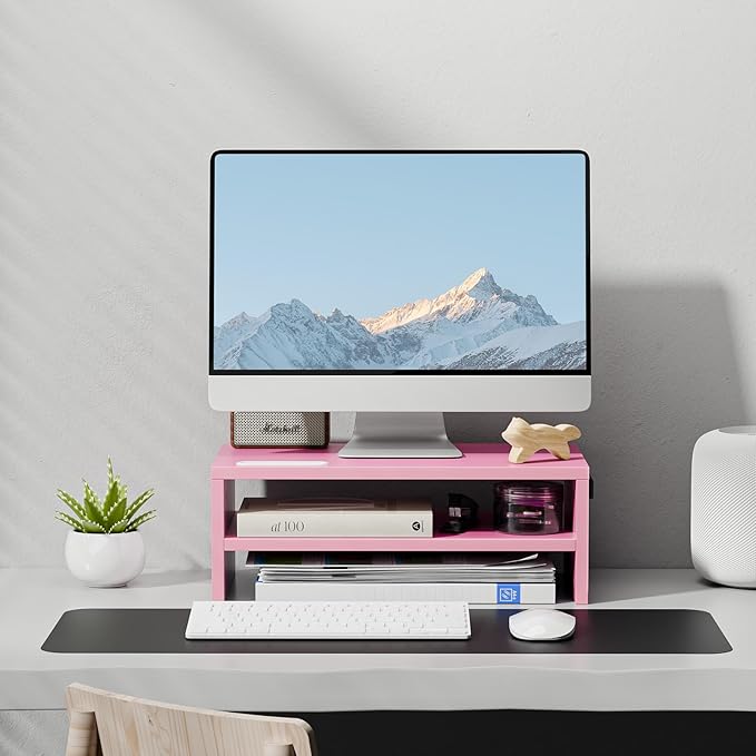 Marbrasse Monitor Stand Riser, 16.5 Inch 2 Tier Computer Printer Shelf Stand for Laptop Computer Screen Storage, Desktop Stand with Phone Holder and Cable Management (Pink)-DeskLoop Office