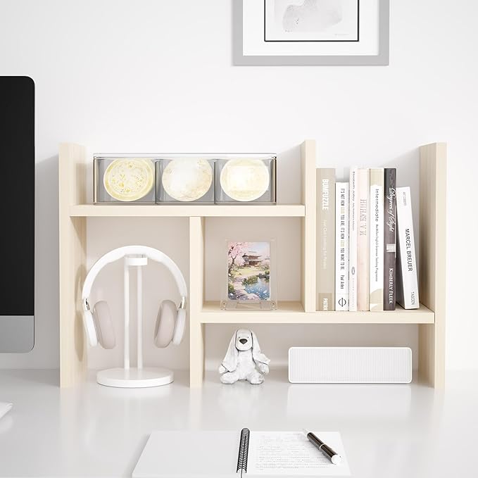 Jerry & Maggie Desktop Organizer Office Storage Rack Adjustable Wood Display Shelf Free Style Double H, Multi-Functional Mini Bookshelf for Desk Natural Stand (White Wood Tone)-DeskLoop Office