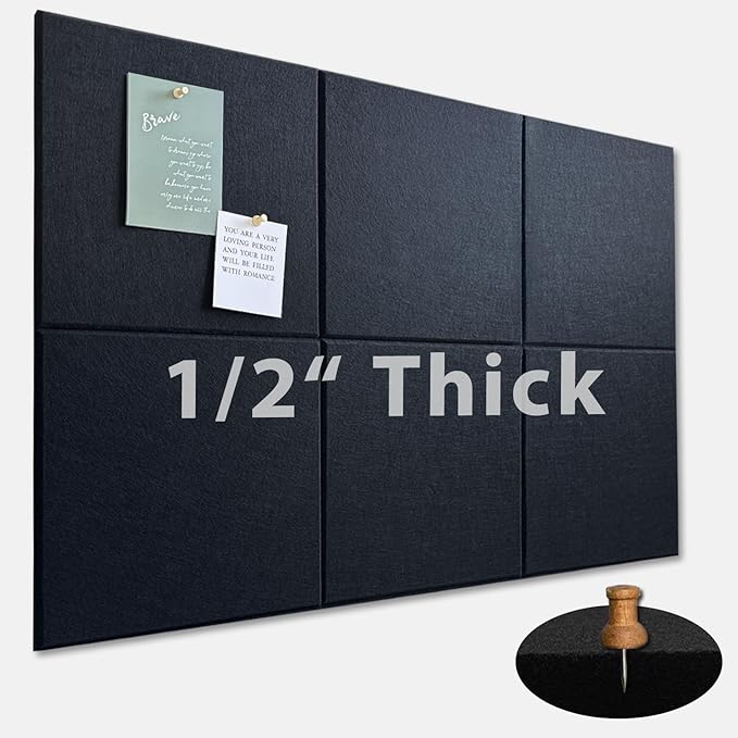 Large Cork Board for Office Wall Decor,36"x24"-6 Pack Cork Board Tiles with Safe Removable Adhesive Tabs, 1/2" Thick, Felt Bulletin Board Pin Board Cork Boards for Walls - Black-DeskLoop Office