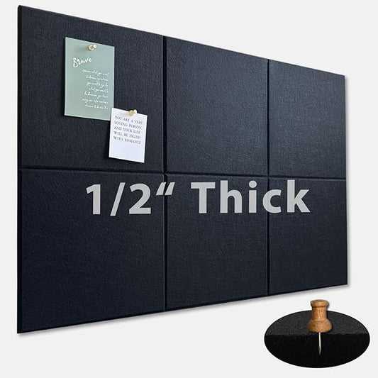 Large Cork Board for Office Wall Decor,36"x24"-6 Pack Cork Board Tiles with Safe Removable Adhesive Tabs, 1/2" Thick, Felt Bulletin Board Pin Board Cork Boards for Walls - Black-DeskLoop Office