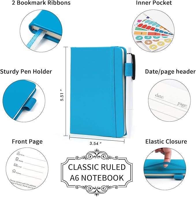 feela 15 Pack Pocket Small Notebooks Bulk, Mini Cute Notepads Hardcover College Ruled Lined Journals with Pen Holder for School Business Memos, with 15 Black Pens, 3.5”x 5.5”, A6, Teal-DeskLoop Office