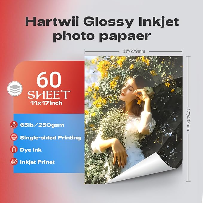 60 Sheets Heavyweight Inkjet Glossy Photo Paper 11 x 17 inch 65lb 250gsm for Obituary Bulletin Gallery Show Thick for A3 Size Dye Ink Printers-DeskLoop Office