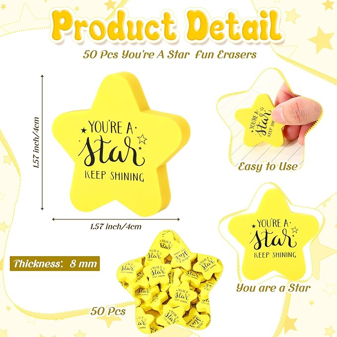 Spakon 50 Pcs Inspirational Star Erasers for Kids Bulk Cute Back to School Erasers 1.57" Fun Eraser for Classroom Prize You're A Star Yellow Motivational Gift for School Student Rewards-DeskLoop Office