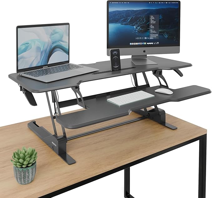 Mount-It! 47" Standing Desk Converter, Large Wide Tabletop Height Adjustable Desk Riser with Gas Spring, Desktop Sit Stand Up Desk with Keyboard Tray Fits 2 Monitors or Monitor and Laptop, Black-DeskLoop Office