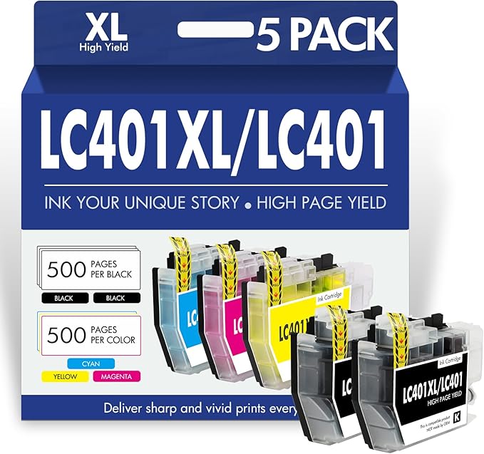 LC401XL LC401 MFC-J1010DW Ink Cartridges for Brother Printer LC 401 401XL for MFC-J1010DW MFC-J1170DW MFC-J1012DW MFC-J1800DW MFC J1010DW - 5 Pack High Yields Black Cyan Magenta Yellow-DeskLoop Office