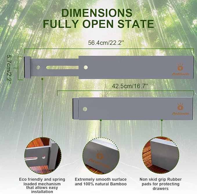 ANTOWIN Bamboo Drawer Dividers Organizers, Expandable Drawer Separators Splitter,17-22 inches Long Adjustable Spring-loaded Organizer for Large Utensil, Clothes, Tools Drawers (Grey)-DeskLoop Office