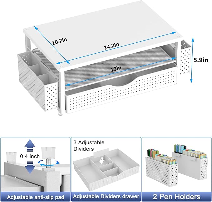 Desk Organizer and Accessories, Computer Monitor Stand Riser with Drawer and 2 Pen Holders, Office Desk Accessories & Workspace Organizers for Office Supplies (White)-DeskLoop Office