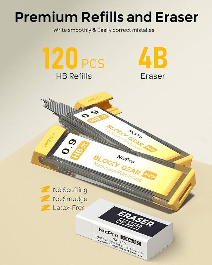 Nicpro Blocky Gear 0.9 mm Mechanical Pencils Set in Case, Metal Pencil with 0.9mm HB Lead Refills, Eraser for Professional & Adult Art Writing Drafting Drawing-DeskLoop Office