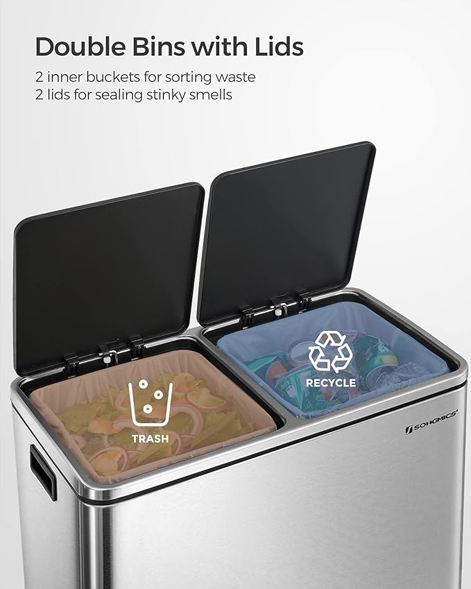 SONGMICS Trash Can, 2 x 8 Gallon (2 x 30 L) Garbage Can for Kitchen, with 15 Trash Bags, 2 Compartments, Plastic Inner Buckets and Hinged Lids, Airtight, Silver and Black ULTB60NL-DeskLoop Office