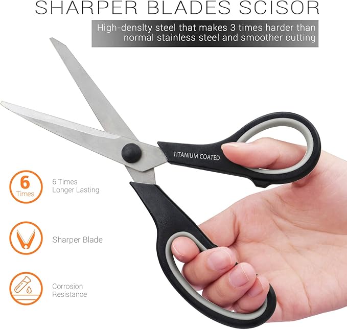 Scissors 8" Multipurpose Titanium Coated Sturdy Sharp Scissors Right/Left Handed Comfort-Grip Handles for Office Home School Sewing Fabric Craft Supplies Black-DeskLoop Office