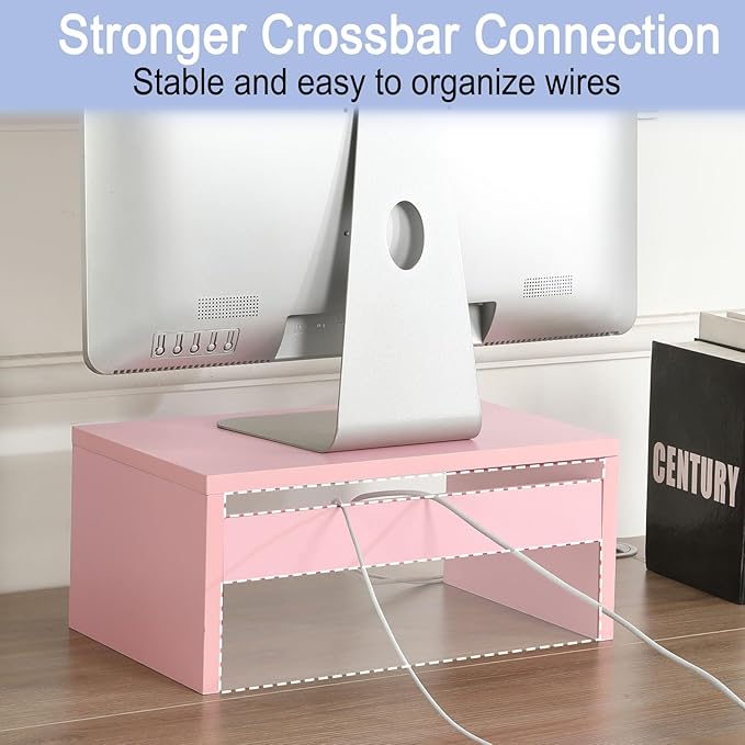 TEAMIX Pink Monitor Stand Riser-6.7 inch, Wood Higher Monitor Riser with Storage for Desk, Laptop Riser Computer PC Stand for Desktop Workspace Home Office(Pink-Higher)-DeskLoop Office