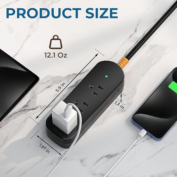 Surge Protector Power Strip,1625W/13A,5Ft Extension Cord with 3 Outlets,Waterproof Class 6 Heavy Duty Extension Cord for Indoor Outdoor,UL FCC IPX6 Listed (Black, 5FT)-DeskLoop Office