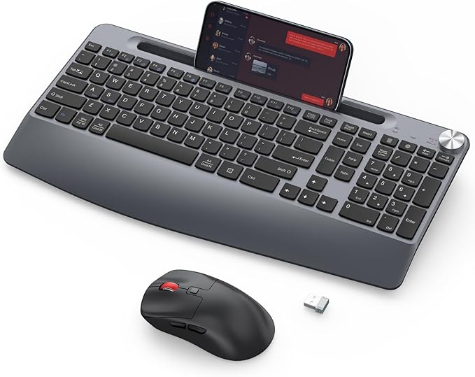 Ergonomic Wireless Keyboard and Mouse with Wrist Rest,Phone Holder - 2.4GHz Full-Sized Low-Profile Quiet Wireless Mouse and Keyboard Combo for Computer, Laptop, PC, Mac-Grey-DeskLoop Office