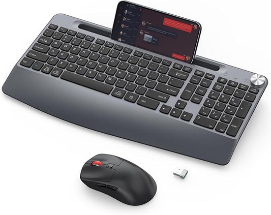 Ergonomic Wireless Keyboard and Mouse with Wrist Rest,Phone Holder - 2.4GHz Full-Sized Low-Profile Quiet Wireless Mouse and Keyboard Combo for Computer, Laptop, PC, Mac-Grey-DeskLoop Office