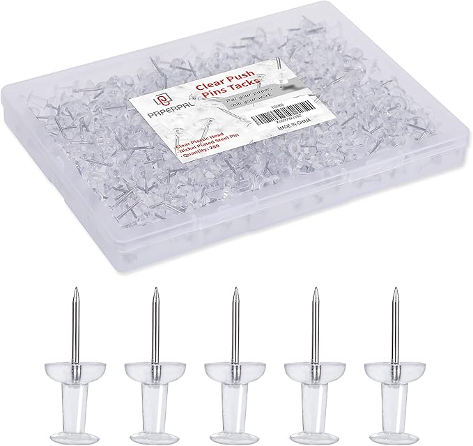 PAPERPAL 280 Clear Push Pins for Cork Board, Clear Thumb Tacks for Wall Hangings, Pushpins for Office School & Personal Use, Standard Size Push Pin Tacks-DeskLoop Office
