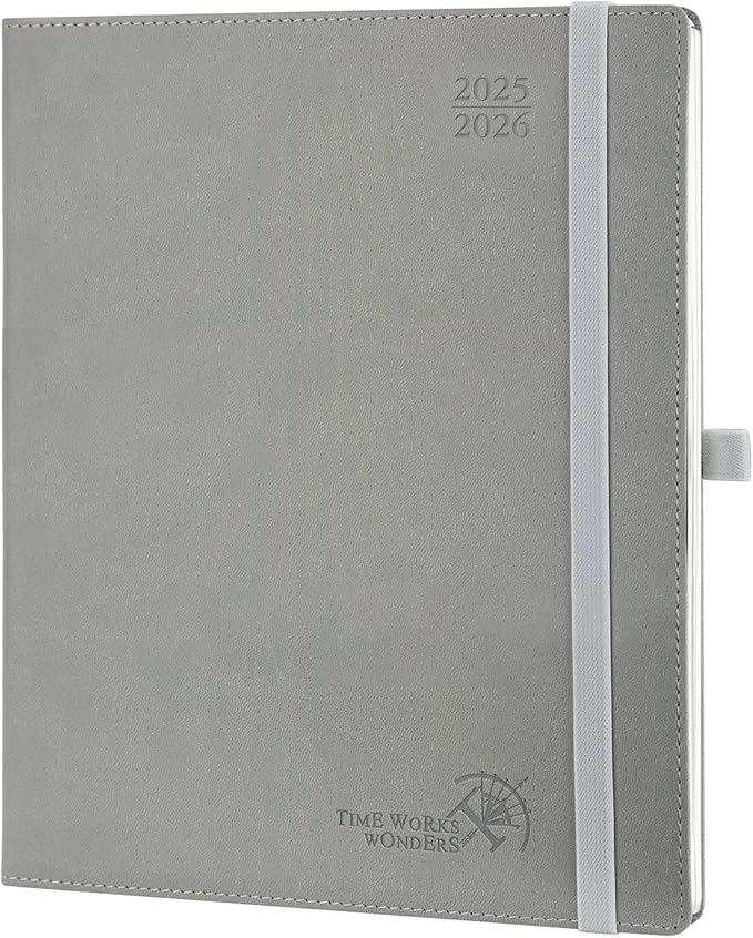 POPRUN Planner 2025-2026 (Large - 8.5'' x 10.5'') Academic Weekly Calendar (July 2025 - June 2026) with Hourly Time Slots, Monthly Tabs, 100GSM Thick Papers, Leather Soft Cover - Grey-DeskLoop Office