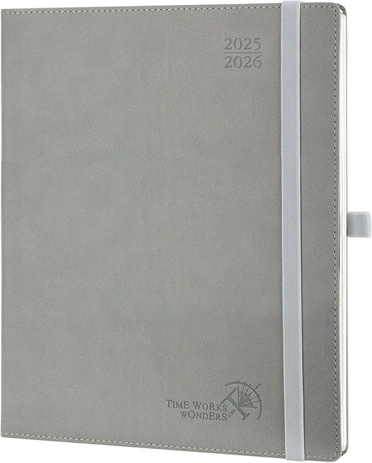 POPRUN Planner 2025-2026 (Large - 8.5'' x 10.5'') Academic Weekly Calendar (July 2025 - June 2026) with Hourly Time Slots, Monthly Tabs, 100GSM Thick Papers, Leather Soft Cover - Grey-DeskLoop Office