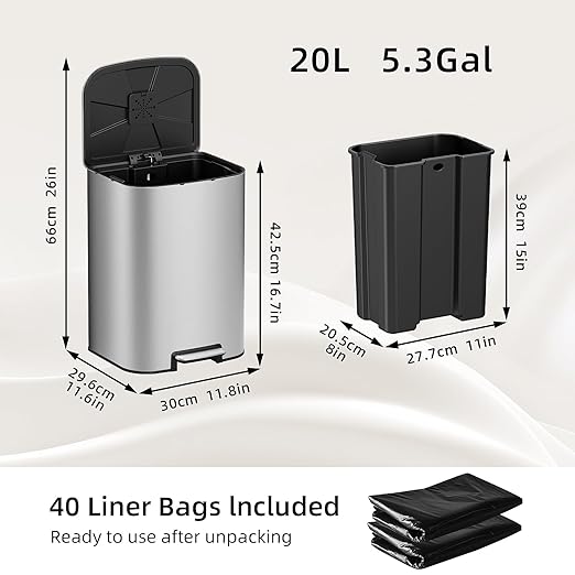 KUK 5.3 Gallon Kitchen Trash Can with Lid, Heavy Duty Hands-Free Stainless Steel Commercial Step Trash Bin with Removable Inner Bucket, Pedal Rubbish Bin for Home Office and Kitchen, 20L/5.3Gal-DeskLoop Office