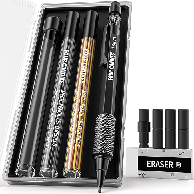 Four Candies 1.3mm Mechanical Pencil Set with 24 Lead Refills, Metal Weatherproof Heavy Duty Outdoor Carpenter Pencil, Eraser, 6 Eraser Refills for Architect Drafting Woodworking Marking with Case-DeskLoop Office
