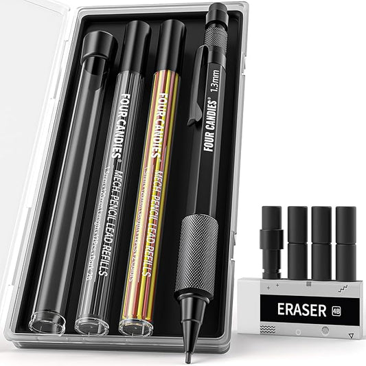 Four Candies 1.3mm Mechanical Pencil Set with 24 Lead Refills, Metal Weatherproof Heavy Duty Outdoor Carpenter Pencil, Eraser, 6 Eraser Refills for Architect Drafting Woodworking Marking with Case-DeskLoop Office