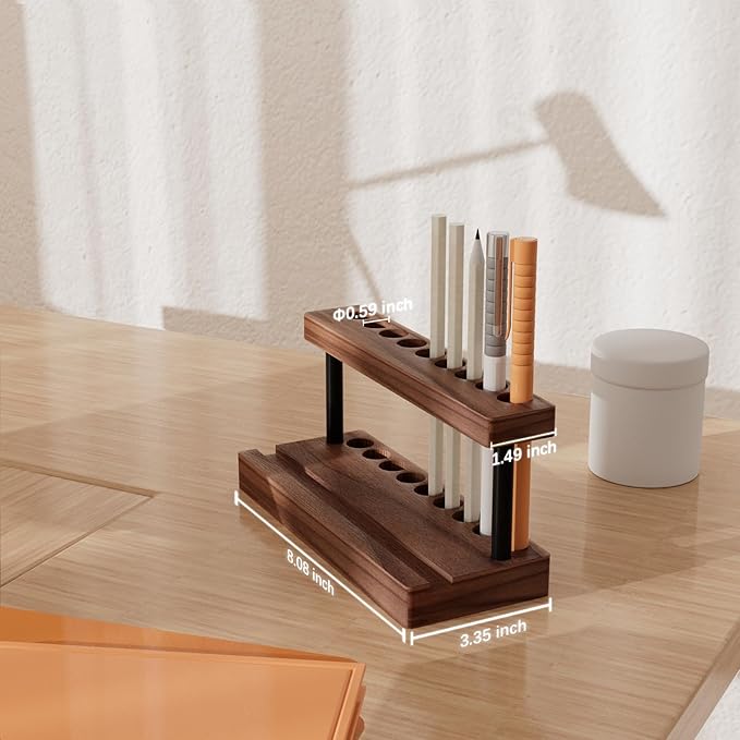Pencil & Pen Holder for Desk, Solid Walnut Pen Display Stand with 9 Slots and Cell Phone Holder, Aesthetic Pen Organizer for Minimalist Office Desk Decor-DeskLoop Office
