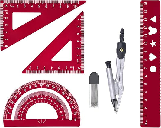 6 Pcs Metal Geometry Set, Math Geometry Kit, Metal Ruler Set and Compass Geometry Tool, Rulers Protractor and Compass Set for Student School and Drawings Supplies (Red)-DeskLoop Office
