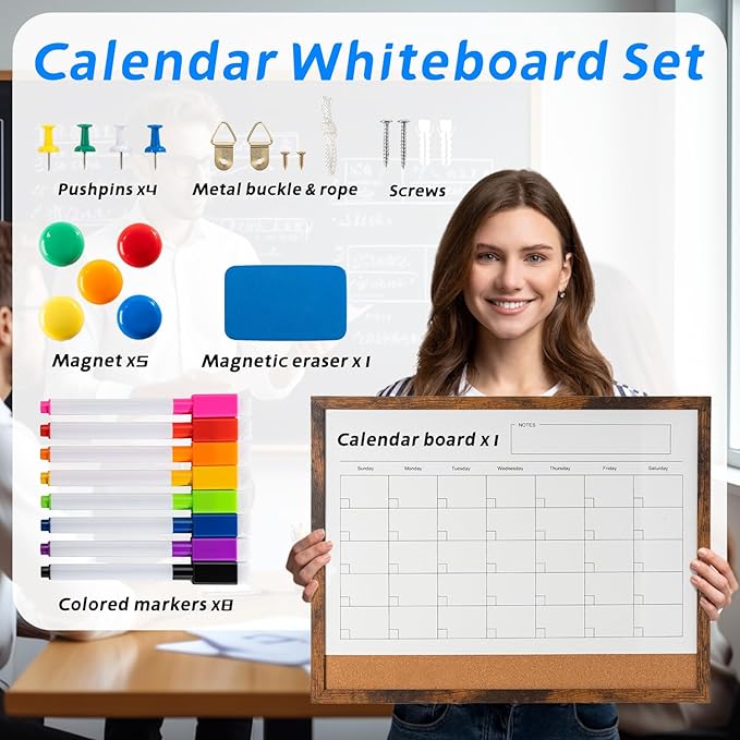 Dry Erase Calendar Whiteboard, 17" x 13" Magnetic Whiteboard Cork Board Combo, Reusable Monthly Planner with 8 Markers, Eraser, Magnets and Pushpins, Hanging Dry Erase Board for Home, School - Brown-DeskLoop Office