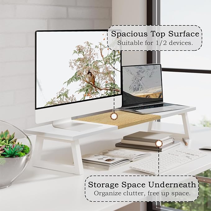 TEAMIX Dual Monitor Riser with Metal Leg, 31.5 inch Long Monitor Stand Riser Wide TV Stand Riser White Monitor Stand for 2 Monitors Wood & Steel Desktop Riser for Home Office Desk Organization-DeskLoop Office