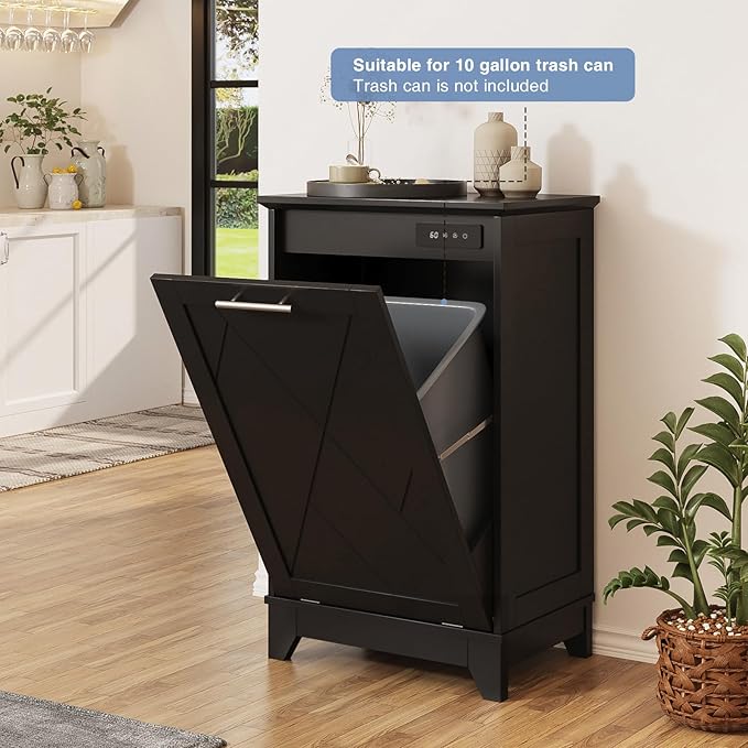 Tilt Out Trash Cabinet, Kitchen Trash Can Cabinet w/Negative ion and deodorizing Function, Dog Proof 10 Gallon Garbage Can Cabinet for Kitchen, Bathroom, Living Room, Black-DeskLoop Office