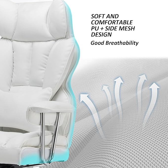 Efomao Big and Tall Office Chair 400lbs – High Back PU Leather Executive Chair with Lumbar Support, Footrest, Swivel Base, Padded Armrests, and Rolling Wheels for Home Office, White Computer Chair-DeskLoop Office