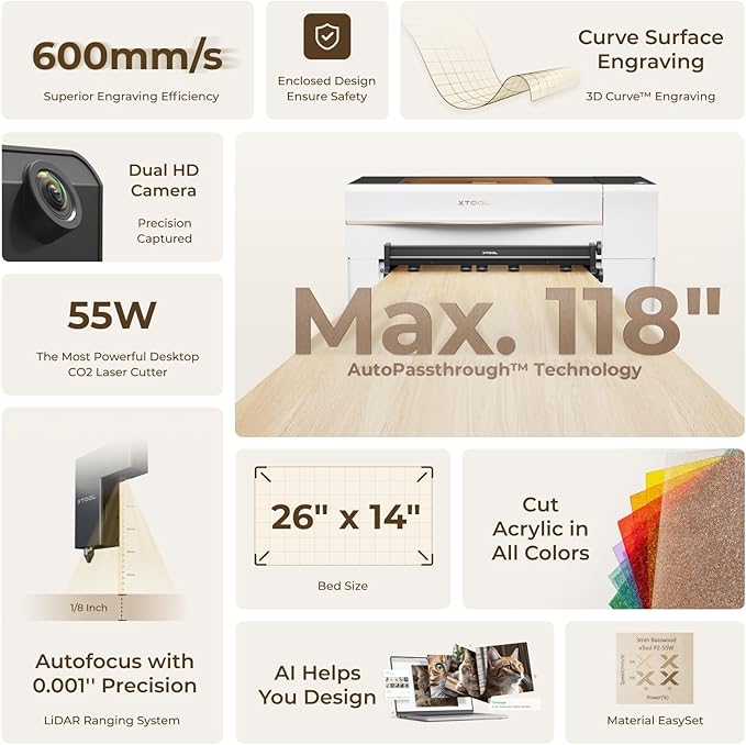 xTool P2 55W CO2 Laser Cutter, Smart Desktop CO2 Laser Engraver and Cutter Machine, Dual Smart 16MP Cameras, Curved Surface Engraving, Create with Wood and Metal Acrylic Glass Fabric Leather (White)-DeskLoop Office