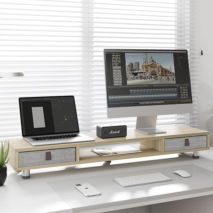 Fenge Monitor Stand, Dual Monitor Stand with 2 Drawers, Monitor Riser for 2 Monitors, Adjustable Height Computer Stand, Office Monitor Stands for Desk, Laptop, PC, TV, Printer-DeskLoop Office