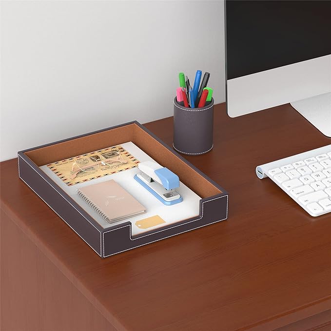 Leather Letter Tray, Thipoten Elegant Desk Organizer for Office Supplies, Mail, Paper, File, Magazine, Perfect Office Organization for Desktop(Brown)-DeskLoop Office