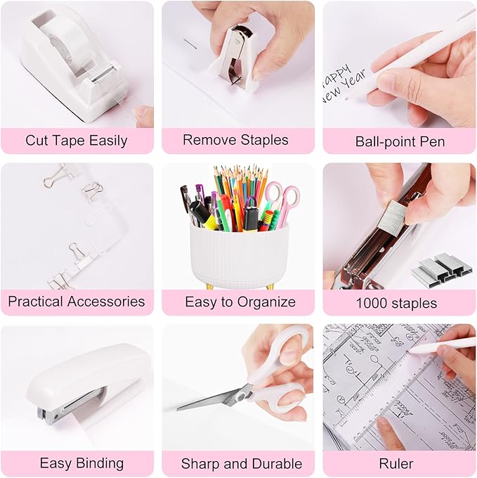 White Desk Organizers and Accessories 10Pcs Set with 360-Degree Rotating Pen Holder, Tape Dispenser, Stapler, Staple Remover, 1000 Staples, Tape, Clips Set, Ruler, Scissor, Pen (White)-DeskLoop Office
