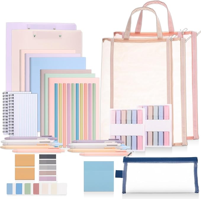 54 Pieces Aesthetic School Supplies Including Pastel Highlighters Document Bags Pencils Notebooks Pencil Pouch Ink Pens Sticky Notes Erasers Back to School Stationary Kit Supplies(Macaron Color)-DeskLoop Office