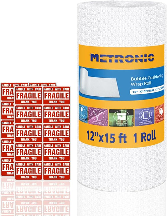 Metronic Bubble Cushioning Wrap 1 Pack 12 Inch x 15ft Total, Dense Bubble Packing Air Wrap Clear Bubble Packing Roll for Shipping and Moving Supplies-DeskLoop Office