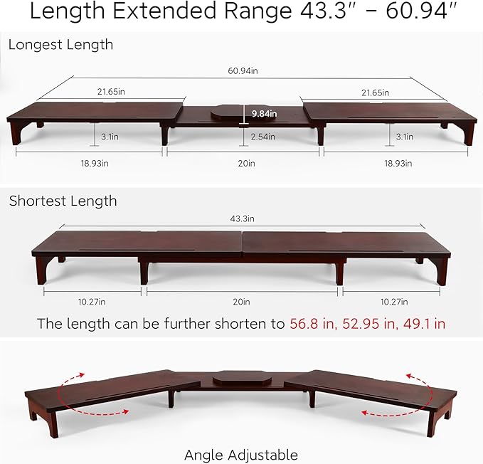 Nnewvante Large Dual Monitor Stand Riser, 60 inch Bamboo Monitor Stand with Adjustable Length and Angle, 3 Shelves Desktop Screen Riser for Computer Laptop PC, Walnut-DeskLoop Office