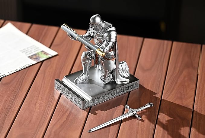 Medieval Armored Warrior Wearing Outerwear, Mobile Phone Stand Knight Pen Holder Desk Organizers, Resin Bookends Paperweight with a Letter Opener for Desk (Silver)-DeskLoop Office