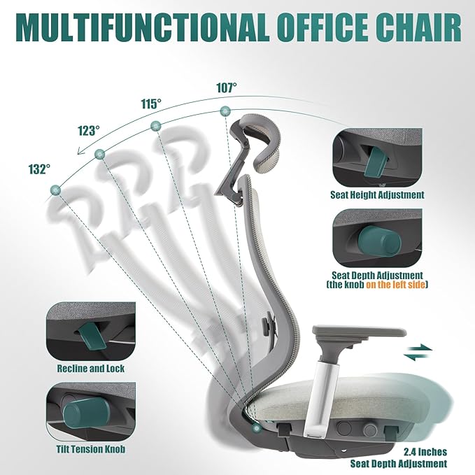 COLAMY Ergonomic Mesh Office Chair, High Back Computer Executive Desk Chair with Adjustable Headrest and 4D Arms, Slide Seat, Tilt Lock-Light Grey-DeskLoop Office
