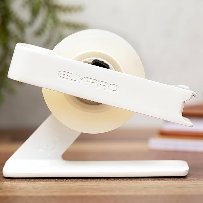 ELYPRO Modern Tape Dispenser for Office Desk - Elegant and Minimalist Design, Heavy Metal Made, Space-Saving, Perfect for Office & Home Use or as a Stylish Gift - Bonus Tape Roll Included (White)-DeskLoop Office